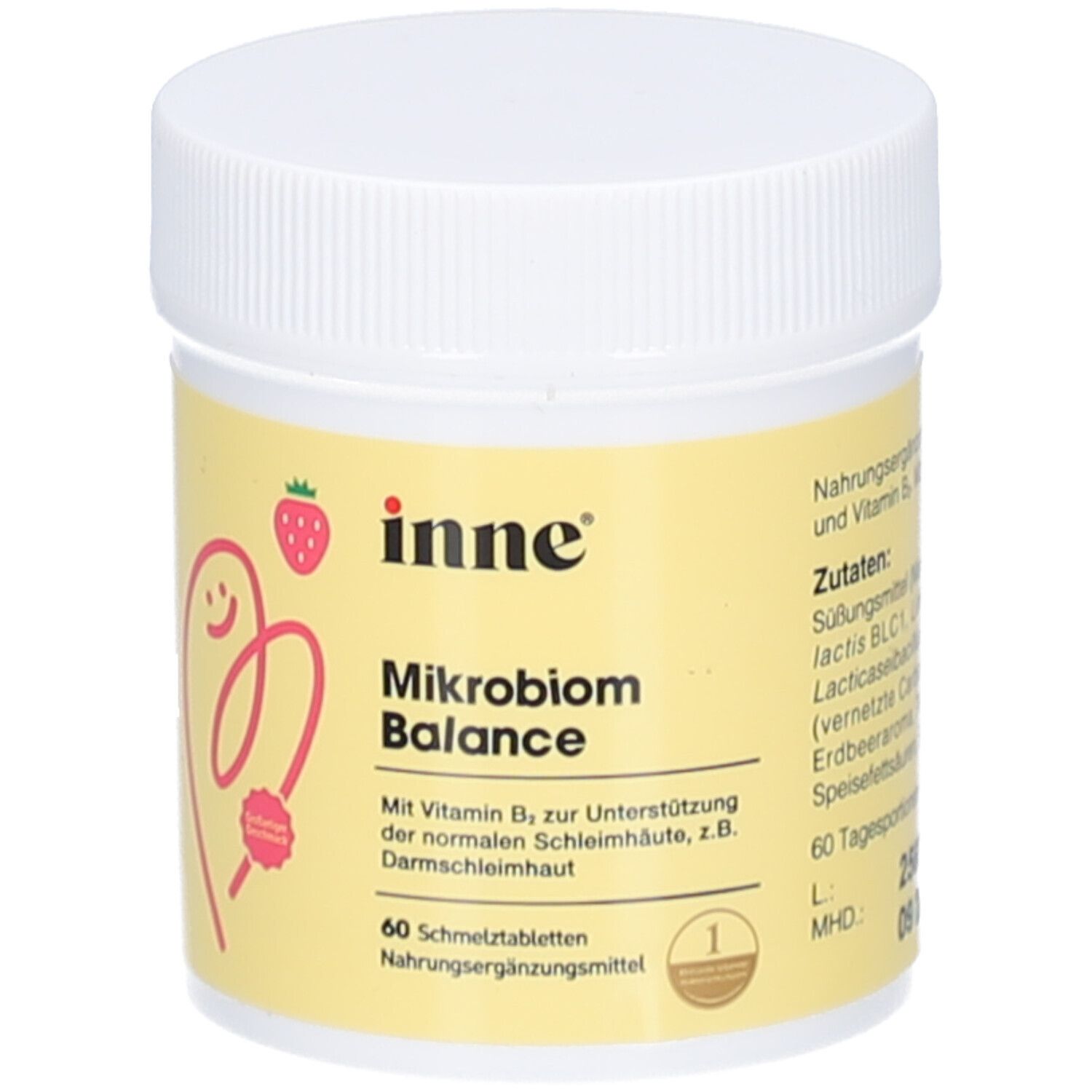 Weißes Döschen mit gelbem Etikett. Aufschrift: inne, Mikrobiom Balance, 60 Schmelztabletten. Erdbeer-Illustration.