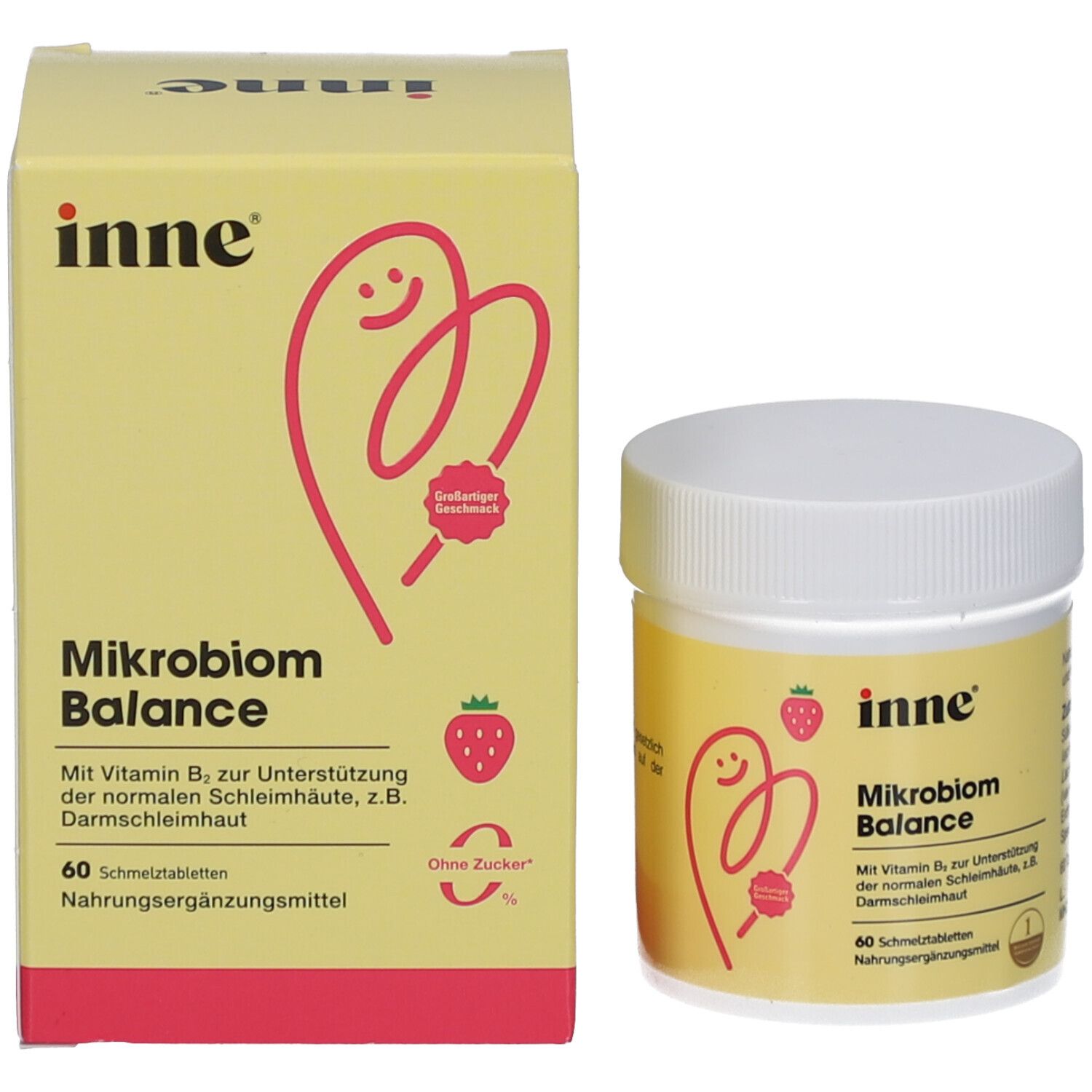 Produktverpackung: Dose und Schachtel. Aufschrift: inne, Mikrobiom Balance, 60 Schmelztabletten. Erdbeer-Illustration. Ohne Zucker.