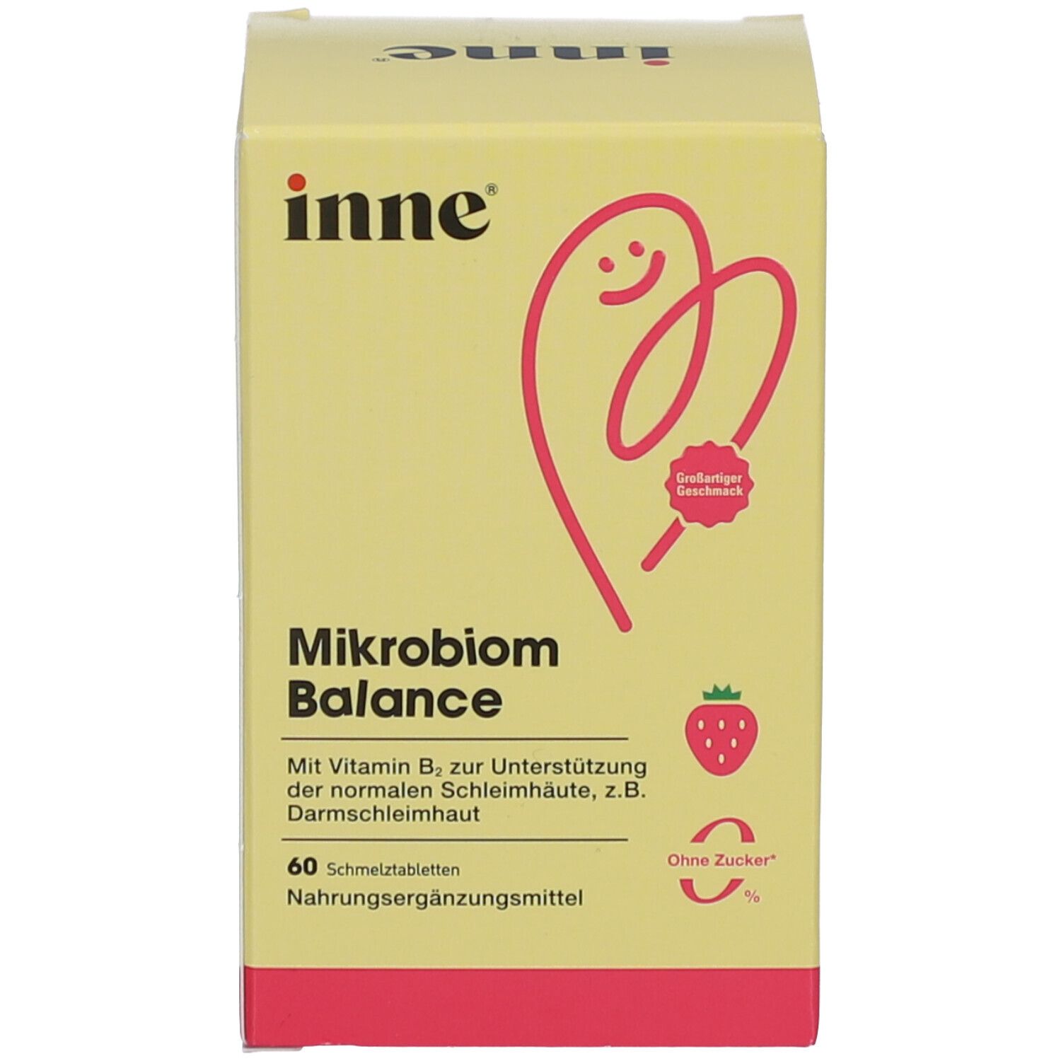 Gelbe Produktverpackung. Aufschrift: inne, Mikrobiom Balance, 60 Schmelztabletten. Erdbeer-Illustration. Ohne Zucker.