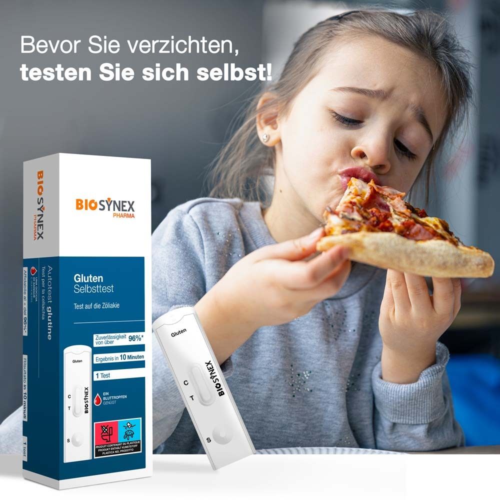 Kind isst Pizza. BIOSYNEX® Gluten Selbsttest und Teststreifen liegen daneben. Text: Testen Sie sich selbst!