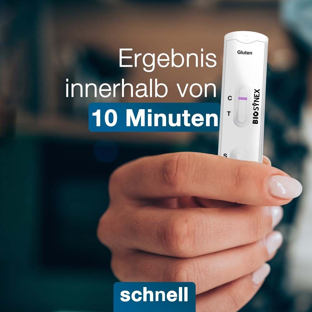 Hand hält Teststreifen. BIOSYNEX® Logo sichtbar. Text: Ergebnis in 10 Minuten. Schnell.
