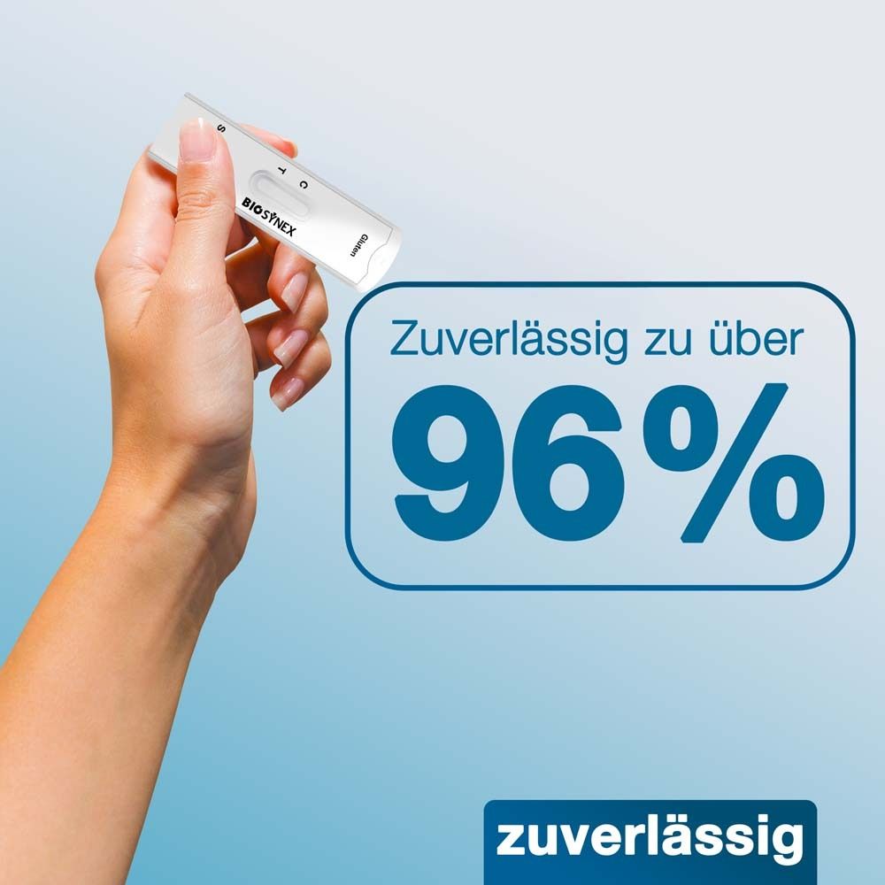 Hand hält Teststreifen. Text: Zuverlässig zu über 96%.
