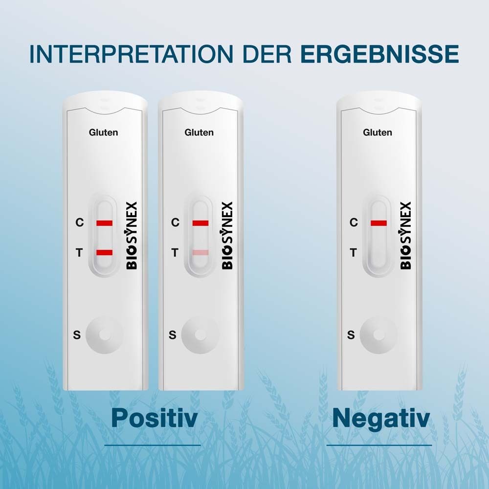 Drei Teststreifen mit Ergebnissen. Positiv, Negativ. BIOSYNEX® Logo.