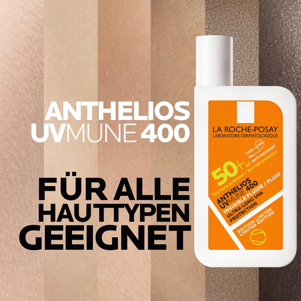 La Roche-Posay Anthelios UVMune 400 Fluid. Text: Für alle Hauttypen geeignet. Flasche.