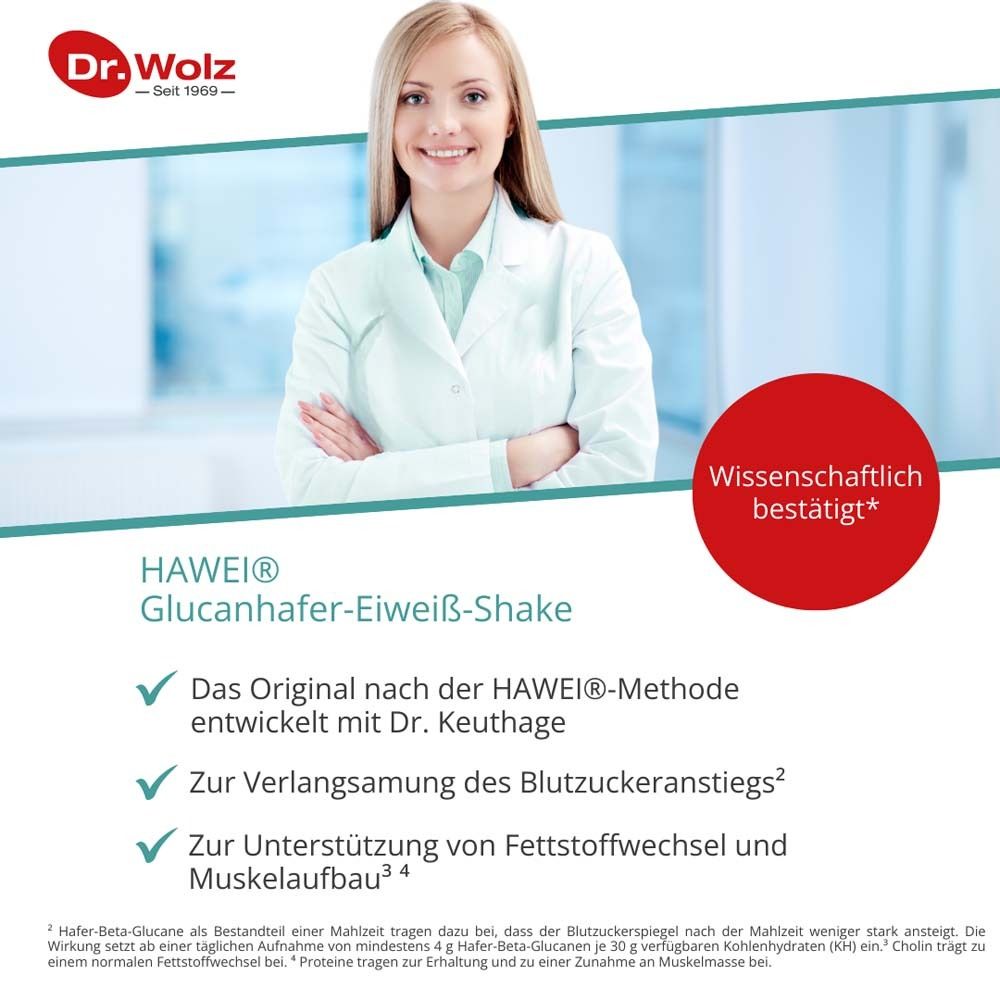 Frau im weißen Kittel. Text: HAWEI® Glucanhafer-Eiweiß-Shake. Wissenschaftlich bestätigt. Mit Dr. Wolz Logo.