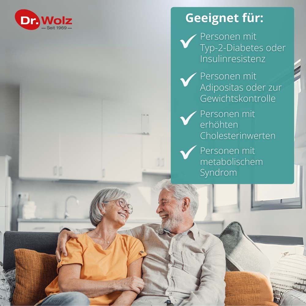 Älteres Ehepaar auf Sofa. Text: Geeignet für Personen mit Typ-2-Diabetes, Adipositas, erhöhten Cholesterinwerten, metabolischem Syndrom.