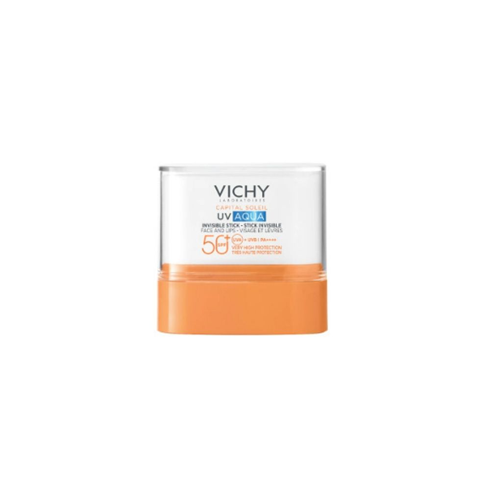 Transparenter Behälter mit orangefarbenem Boden. Aufschrift: Vichy, UV-Aqua, SPF 50+.