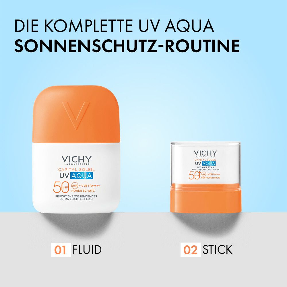 Zwei Produkte nebeneinander: Fluid und Stick. Text: Die komplette UV Aqua Sonnenschutz-Routine.