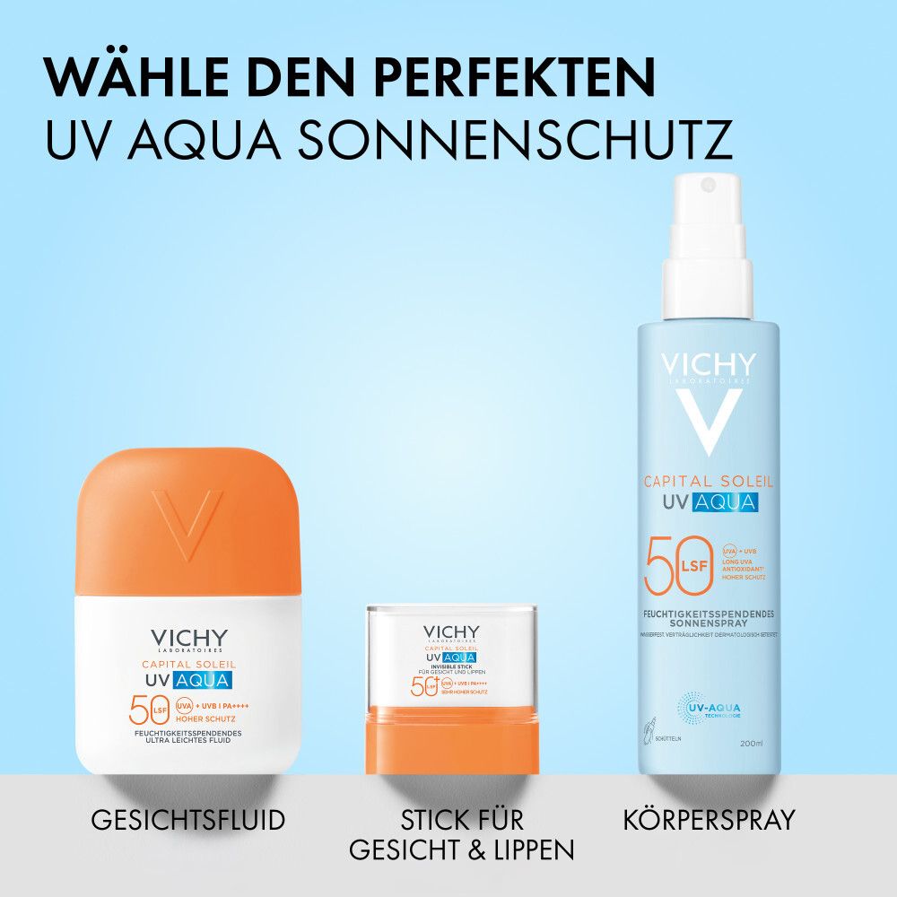Drei Produkte nebeneinander: Fluid, Stick und Körperspray. Text: Wähle den perfekten UV Aqua Sonnenschutz.
