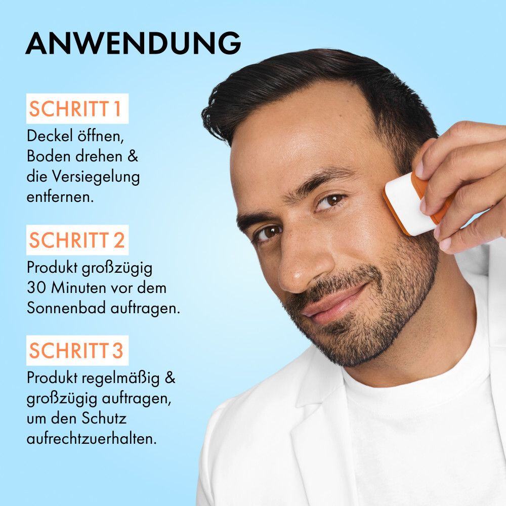 Mann trägt Produkt auf. Text: Anwendung. Schritt 1-3.