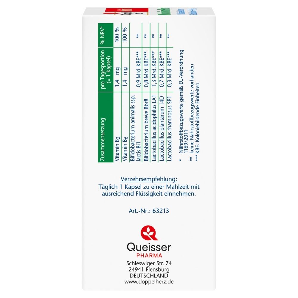 Seitenansicht der Doppelherz aktiv MikrobionaPro Verpackung: Enthält Angaben zur Zusammensetzung (Vitamine, Bakterienkulturen) und Herstellerinformationen (Queisser Pharma).