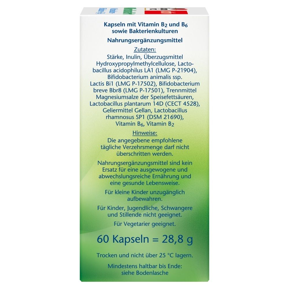 Rückseite der Doppelherz aktiv MikrobionaPro Verpackung: Zutatenliste (Stärke, Inulin, Kulturen, Vitamine B2, B6) und Hinweise zur Lagerung und Anwendung. 60 Kapseln.