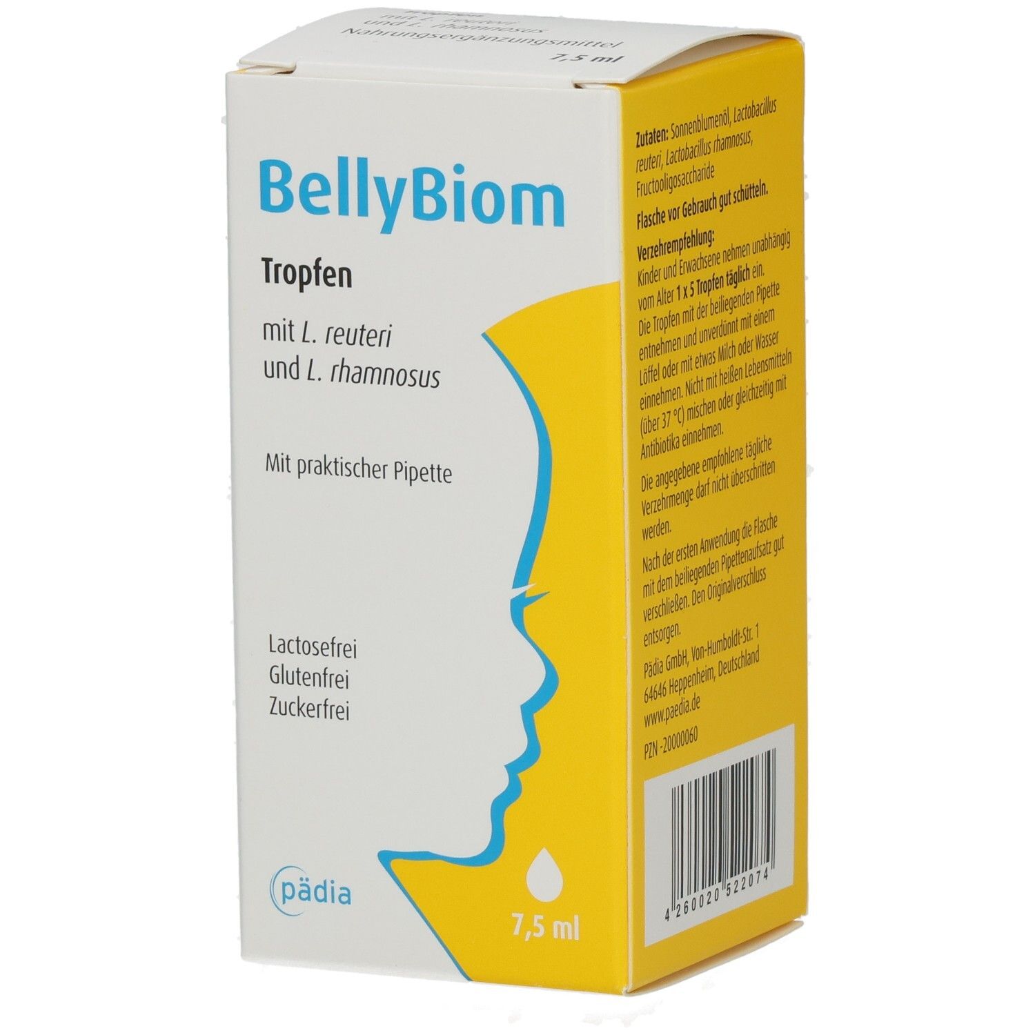 Karton von BellyBiom Tropfen. Weiß-gelbe Verpackung mit Produktnamen, Inhaltsstoffen und Pipette. 7,5 ml.