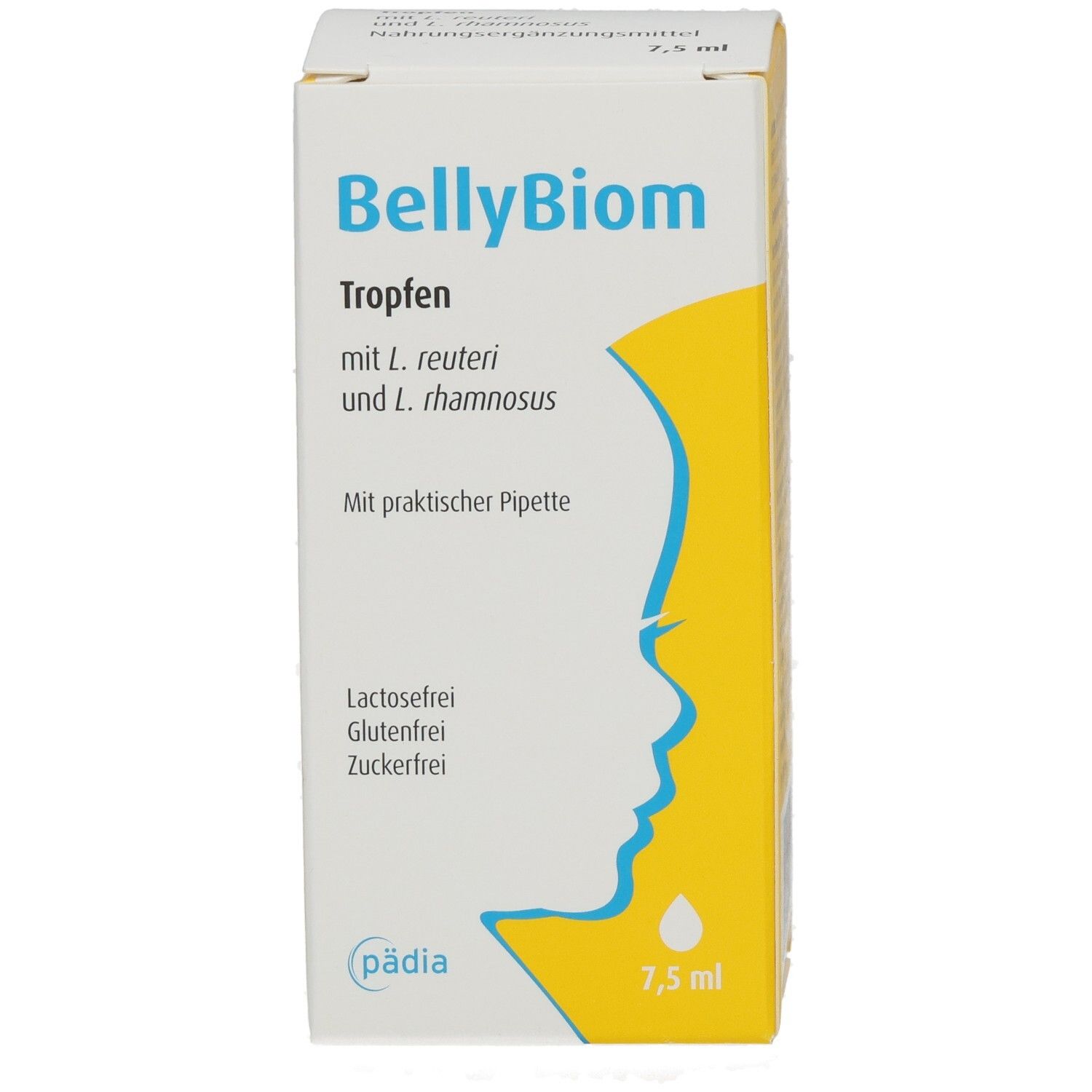 Vorderansicht der BellyBiom Tropfen Verpackung. Weiß-gelbe Verpackung mit Produktnamen und Pipette. 7,5 ml.