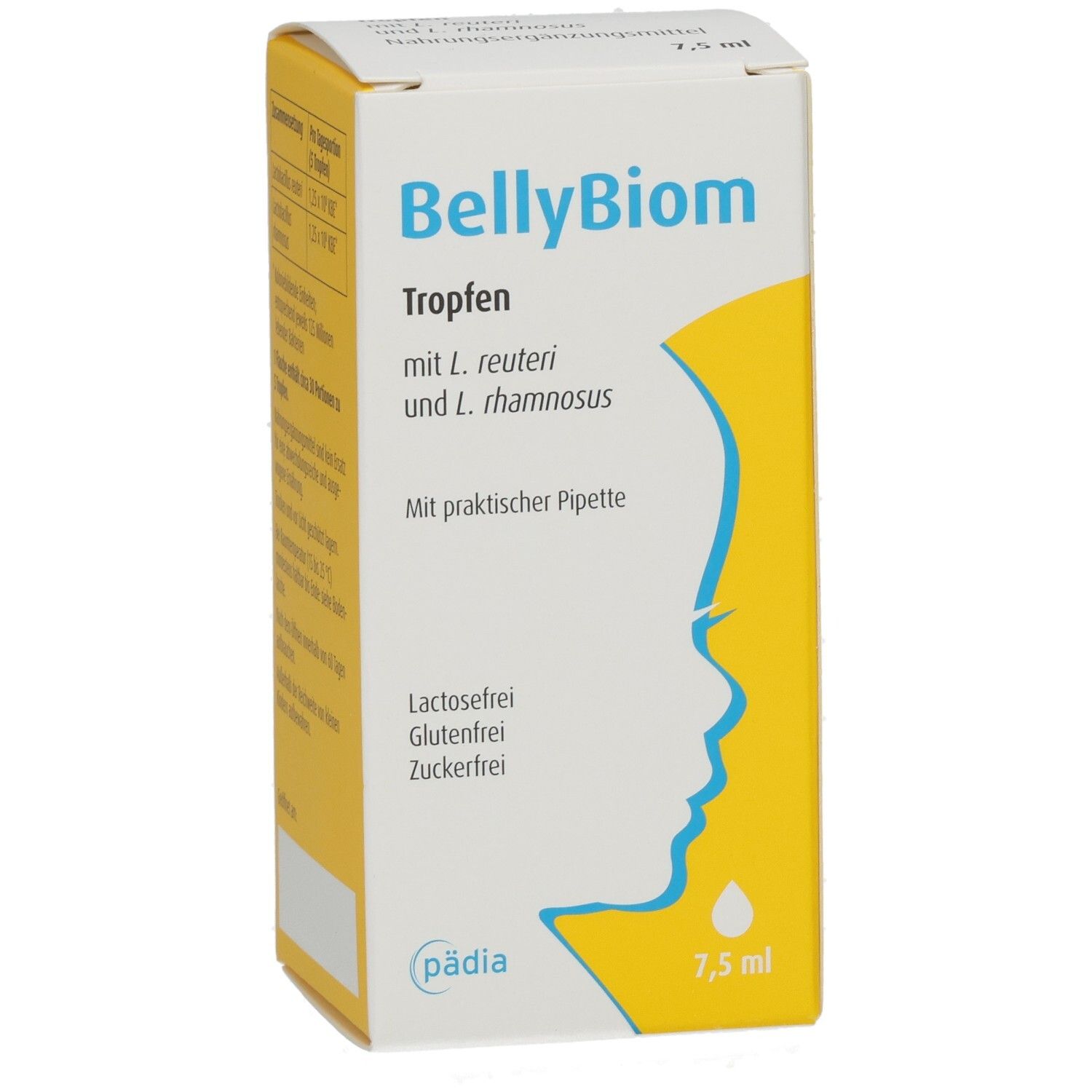 Vorderansicht der BellyBiom Tropfen Verpackung. Weiß-gelbe Verpackung mit Produktnamen und Pipette. 7,5 ml.