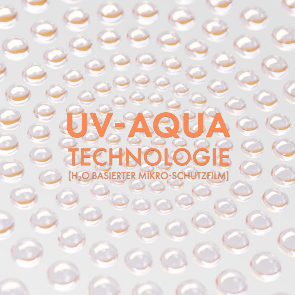 Nahaufnahme von Wassertropfen. Text: UV-Aqua Technologie, H2O basierter Mikro-Schutzfilm.