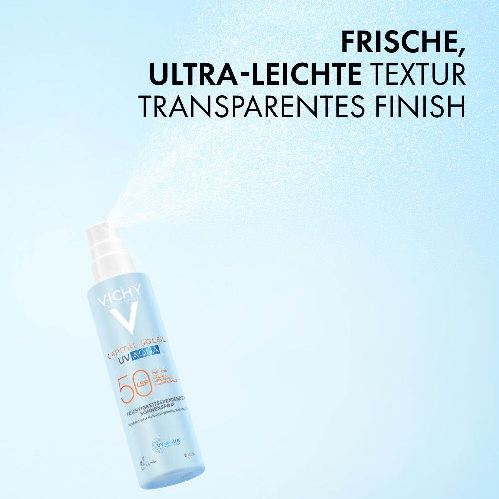 Sprühflasche mit Sprühnebel. Text: Frische, ultra-leichte Textur, transparentes Finish.