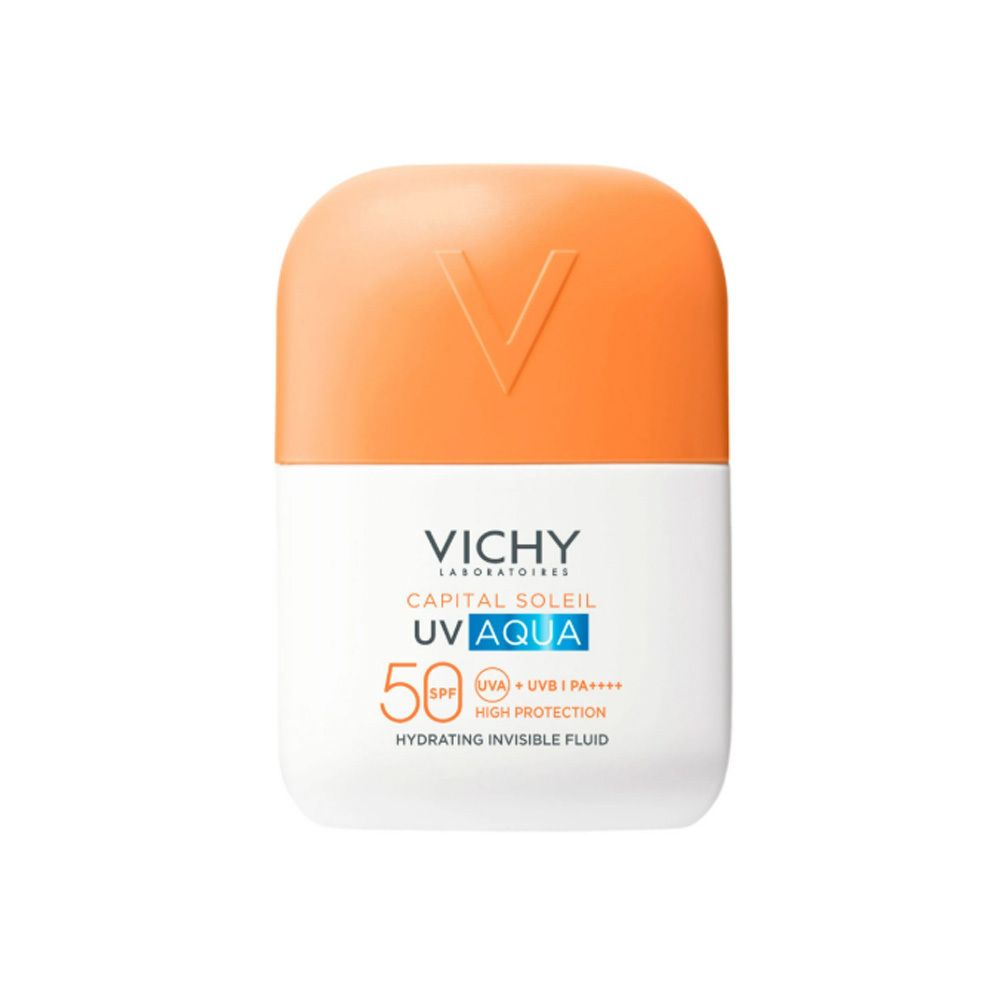 Vichy Capital Soleil UV Aqua SPF50 Solar Fluid. Weiße Flasche mit orangefarbenem Deckel. Vichy-Logo und Produktbezeichnung.