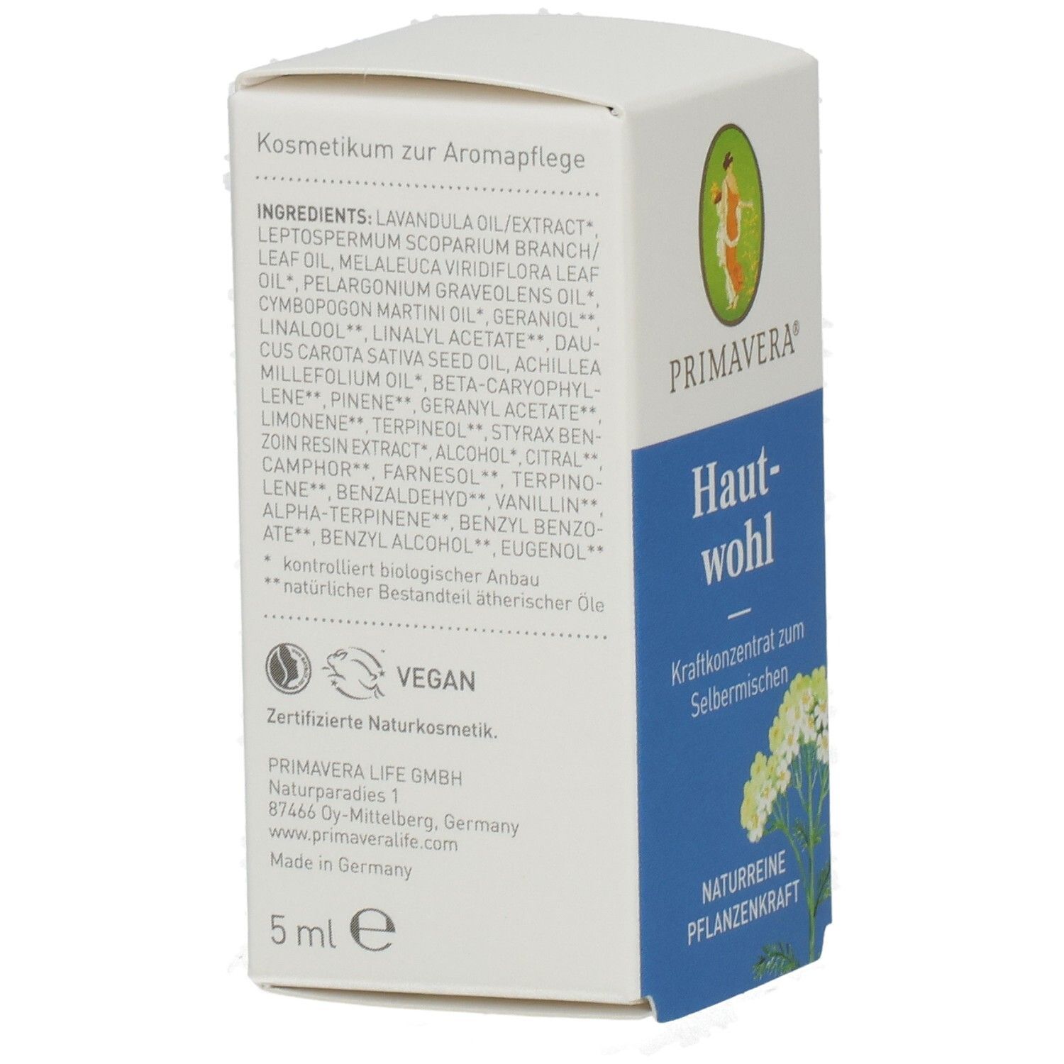 Kartonseite mit Inhaltsstoffen, Vegan-Siegel und PRIMAVERA-Logo. Text in deutscher Sprache.