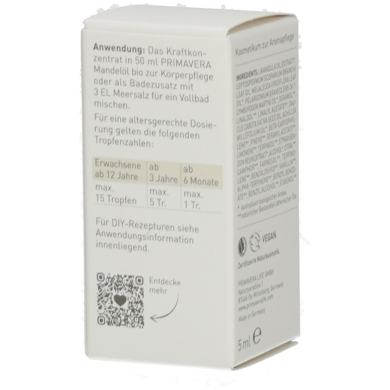 Kartonseite mit Anwendungshinweisen und QR-Code. Text in deutscher Sprache. 5 ml-Angabe.