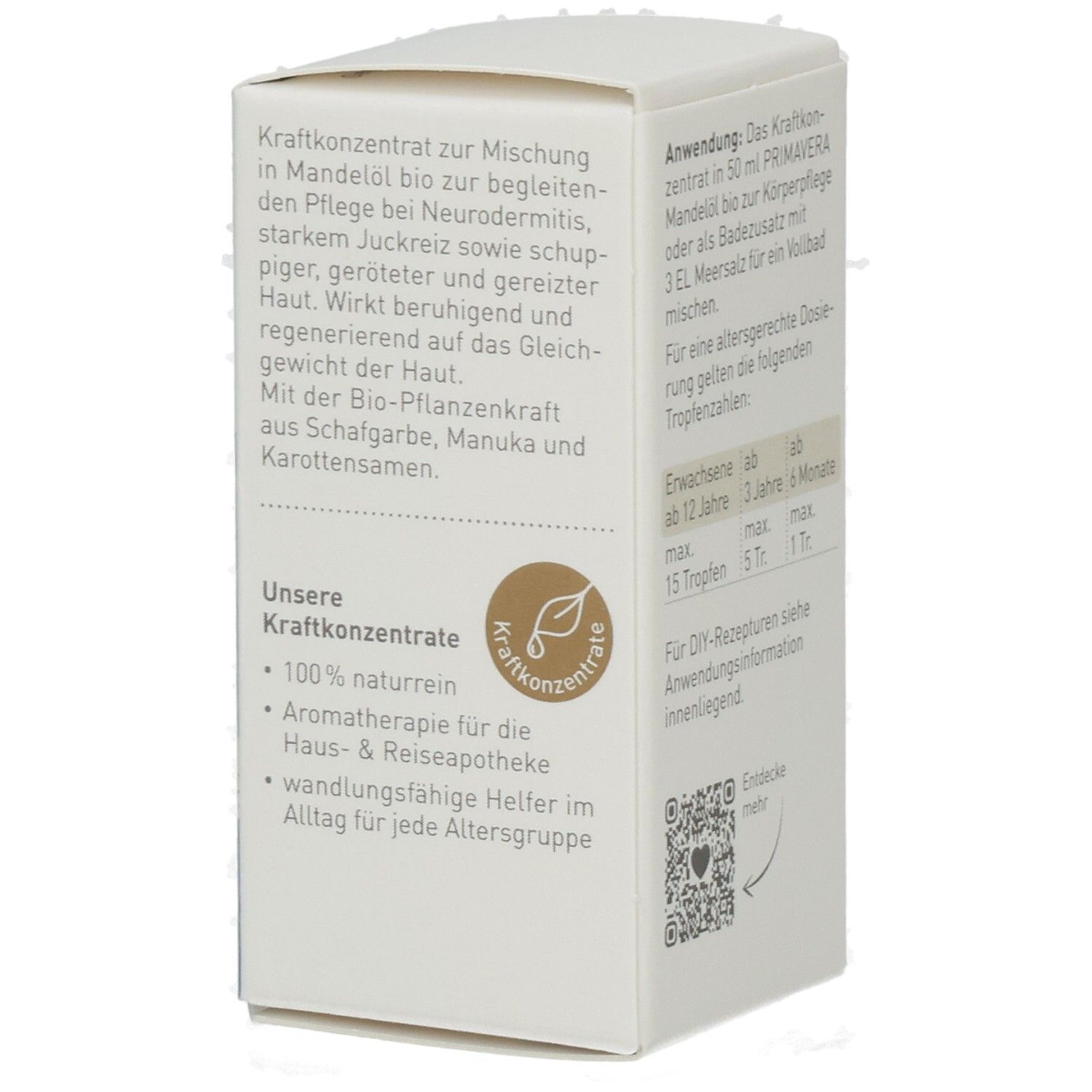 Kartonseite mit Produktbeschreibung, Logo und Text. Braunes Logo mit Text. Text in deutscher Sprache.