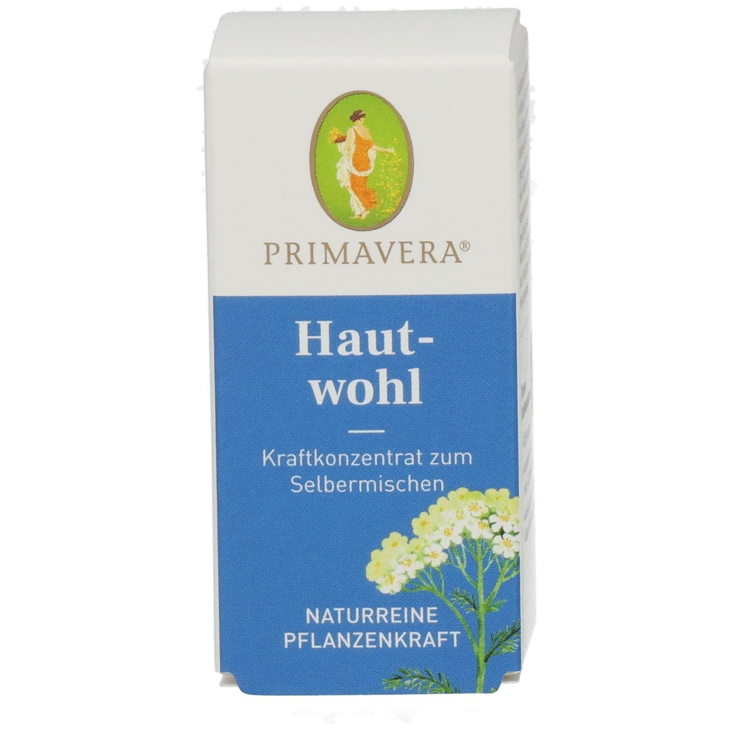 Weißer Karton mit PRIMAVERA Logo und Produktbezeichnung Hautwohl. Blaue Fläche mit Text und Pflanzenabbildung.