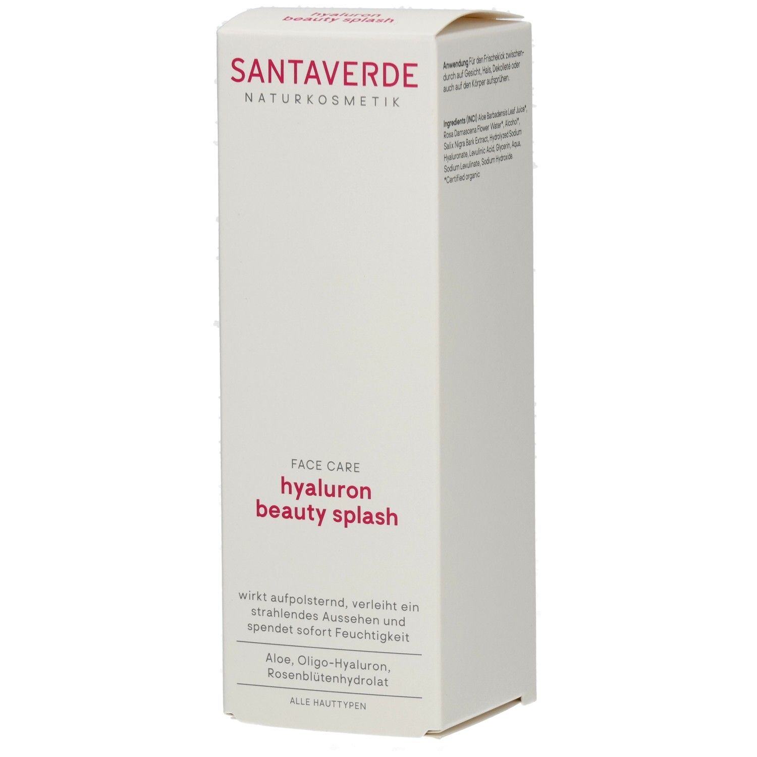 Weißer Karton mit SANTAVERDE-Logo und Produktbezeichnung: hyaluron beauty splash. Text in deutscher Sprache.