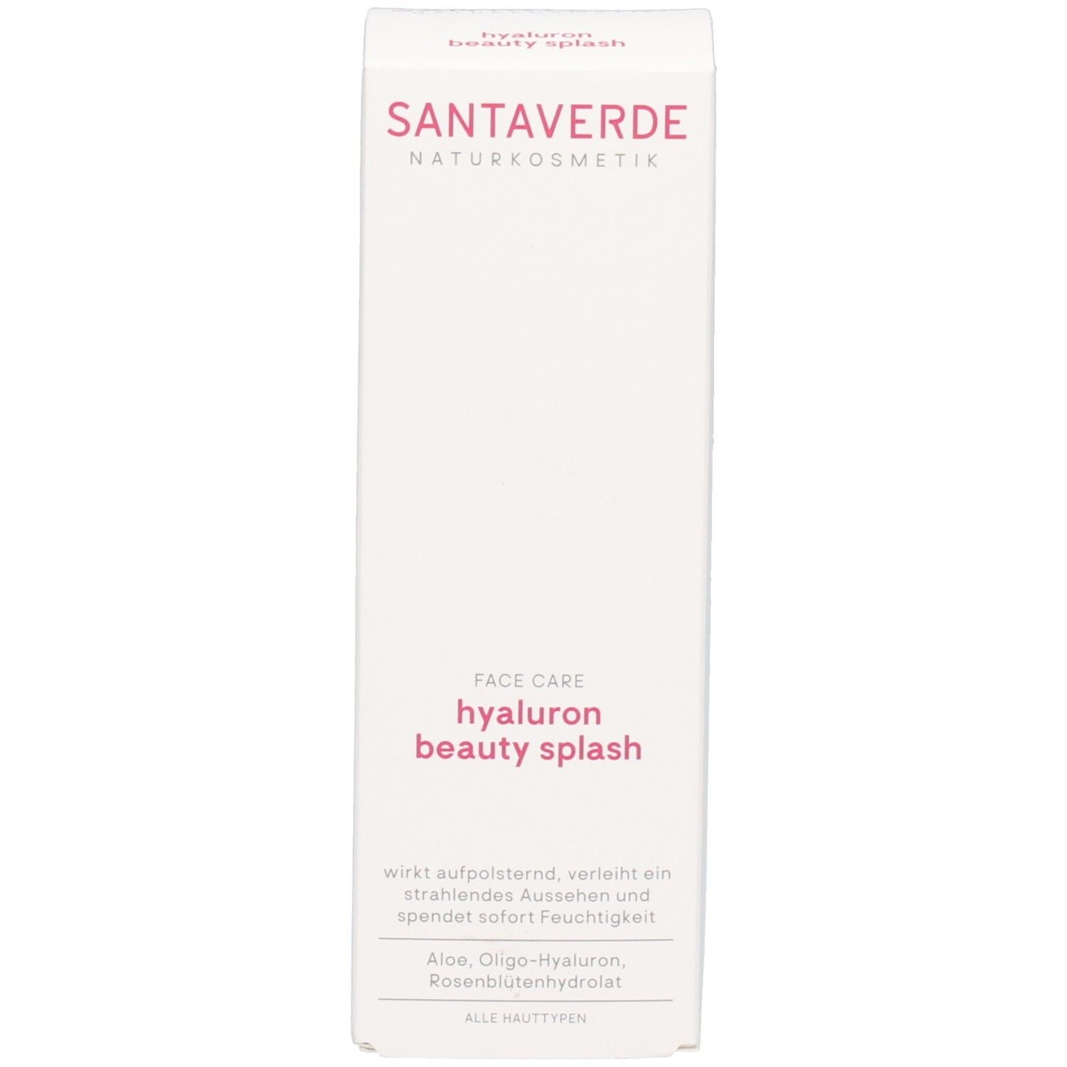 Weißer Karton mit SANTAVERDE-Logo und Produktbezeichnung: hyaluron beauty splash. Text in deutscher Sprache.