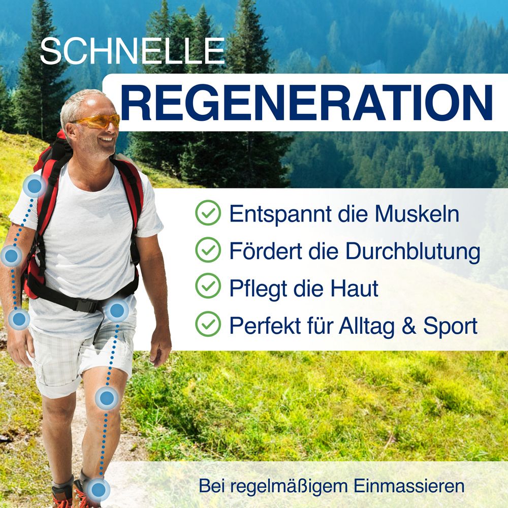 Mann beim Wandern. Text: Schnelle Regeneration, Entspannt die Muskeln, Fördert die Durchblutung, Pflegt die Haut, Für Alltag & Sport.