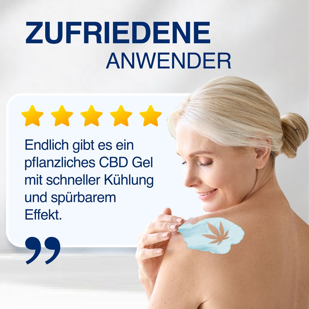 Frau mit Schulter. Text: Zufriedene Anwender, Endlich gibt es ein pflanzliches CBD Gel mit schneller Kühlung und spürbarem Effekt.
