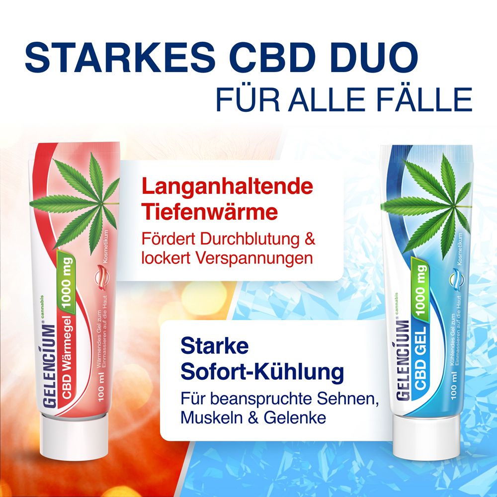 Zwei Tuben: GELENCIUM® CBD Wärmegel und GELENCIUM® CBD GEL. Text: Starkes CBD Duo, Für alle Fälle, Tiefenwärme, Sofort-Kühlung.