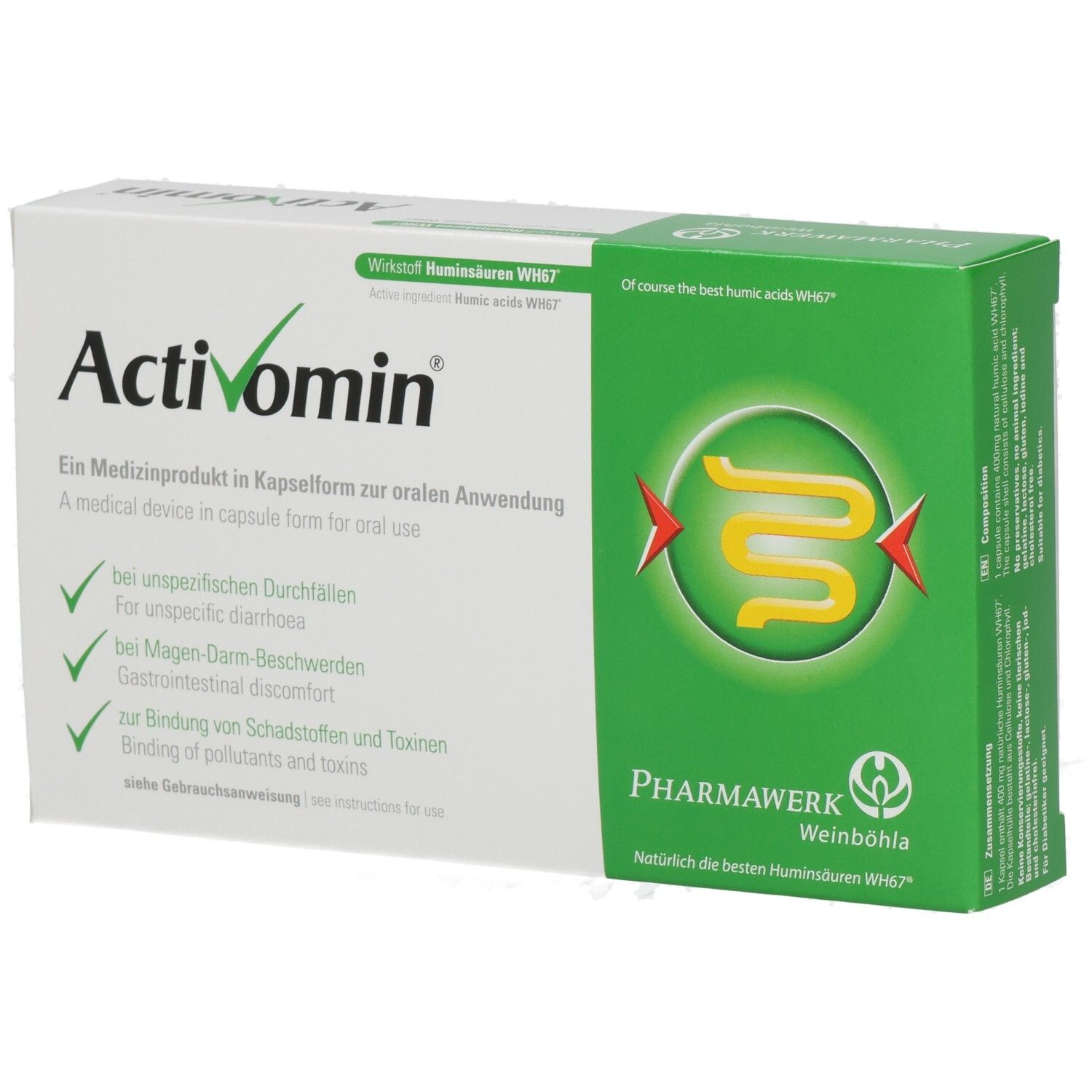 Activomin Kapseln: Medizinprodukt zur oralen Anwendung bei Durchfall und Magen-Darm-Beschwerden.
