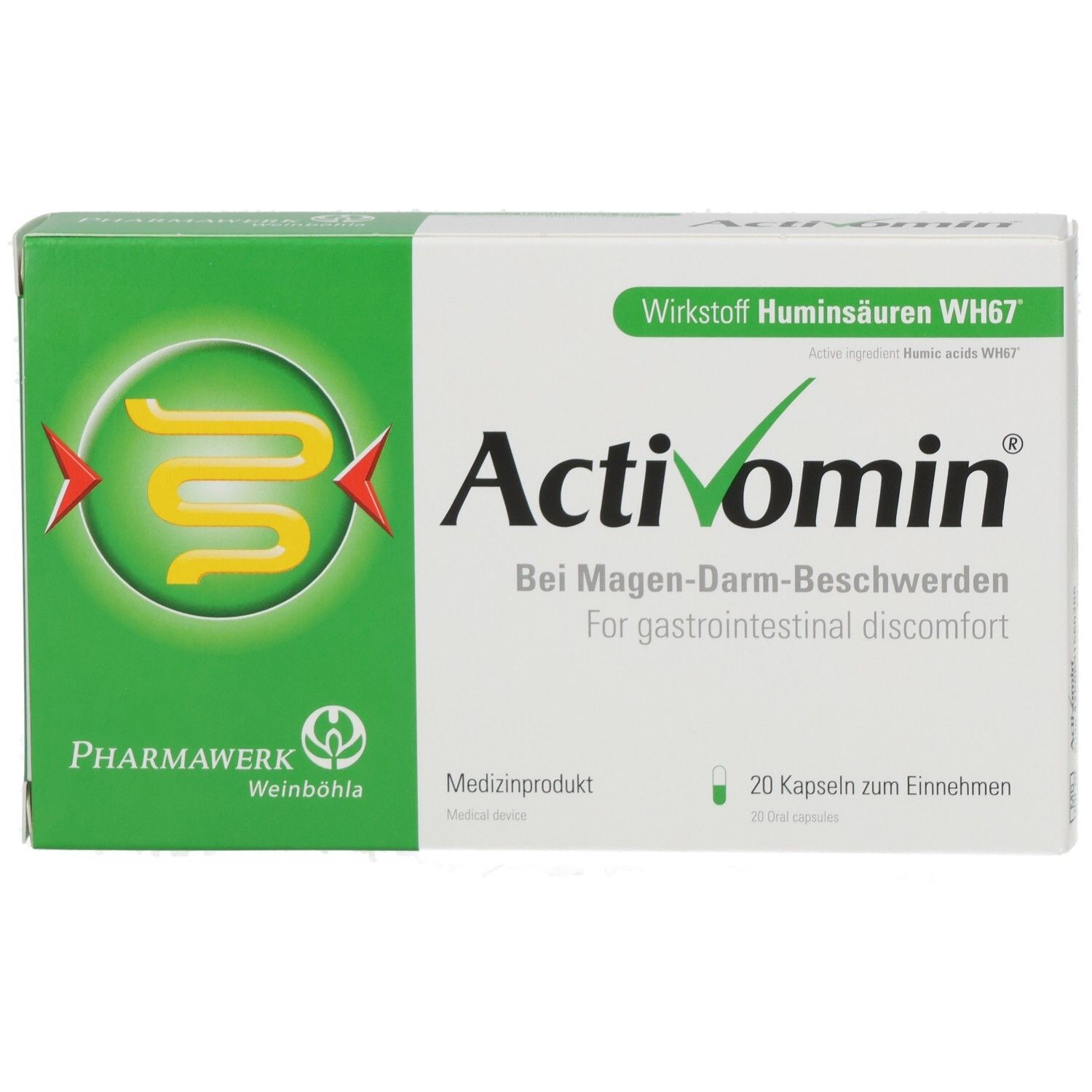 Activomin Kapseln: Medizinprodukt bei Magen-Darm-Beschwerden, 20 Kapseln.