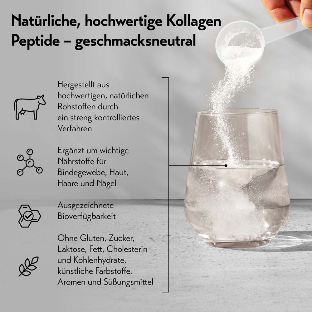 Pulver wird in Glas mit Wasser gegossen. Text: geschmacksneutral. Ohne Gluten, Zucker, Laktose, Fett.