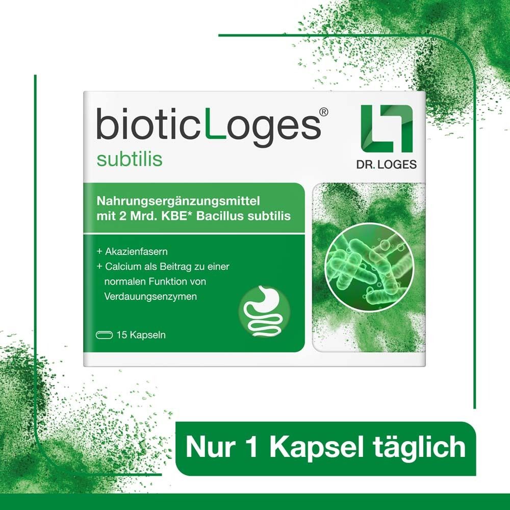 Verpackung von bioticLoges subtilis. Weiß, grün. Schriftzug: bioticLoges subtilis. 15 Kapseln. Text: Nur 1 Kapsel täglich.