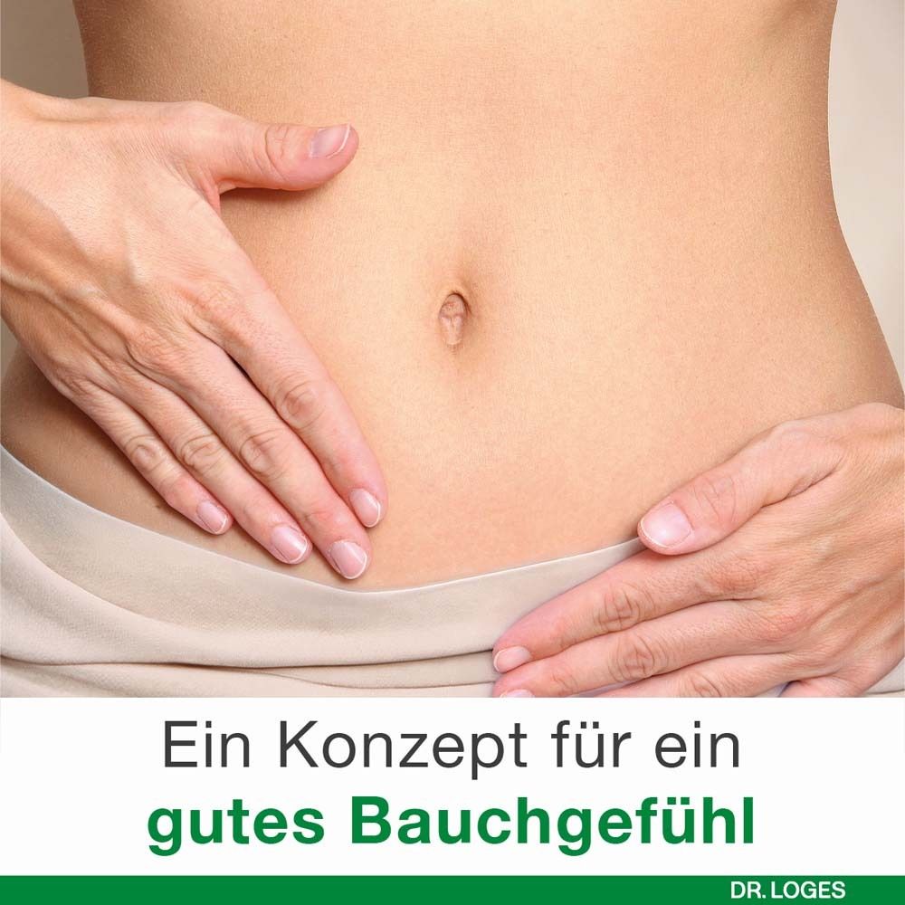 Bauch einer Person. Hände auf dem Bauch. Text: Ein Konzept für ein gutes Bauchgefühl. Dr. Loges Logo.