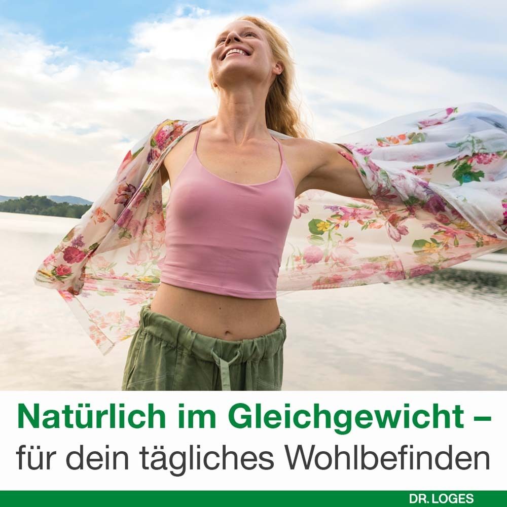 Frau mit wehendem Tuch. Text: Natürlich im Gleichgewicht – für dein tägliches Wohlbefinden. Dr. Loges Logo.