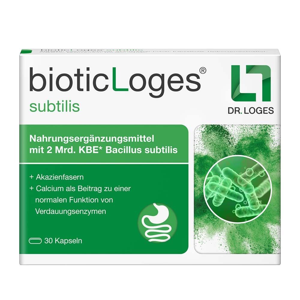 Verpackung von bioticLoges subtilis. Enthält 30 Kapseln. Mit Bacillus subtilis, Akazienfasern und Calcium.