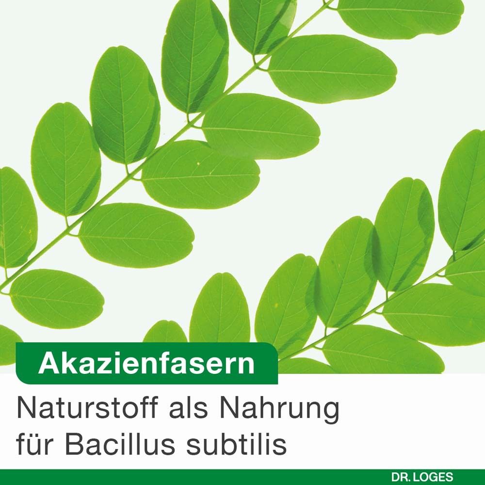 Grüne Blätter. Text: Akazienfasern. Naturstoff als Nahrung für Bacillus subtilis.