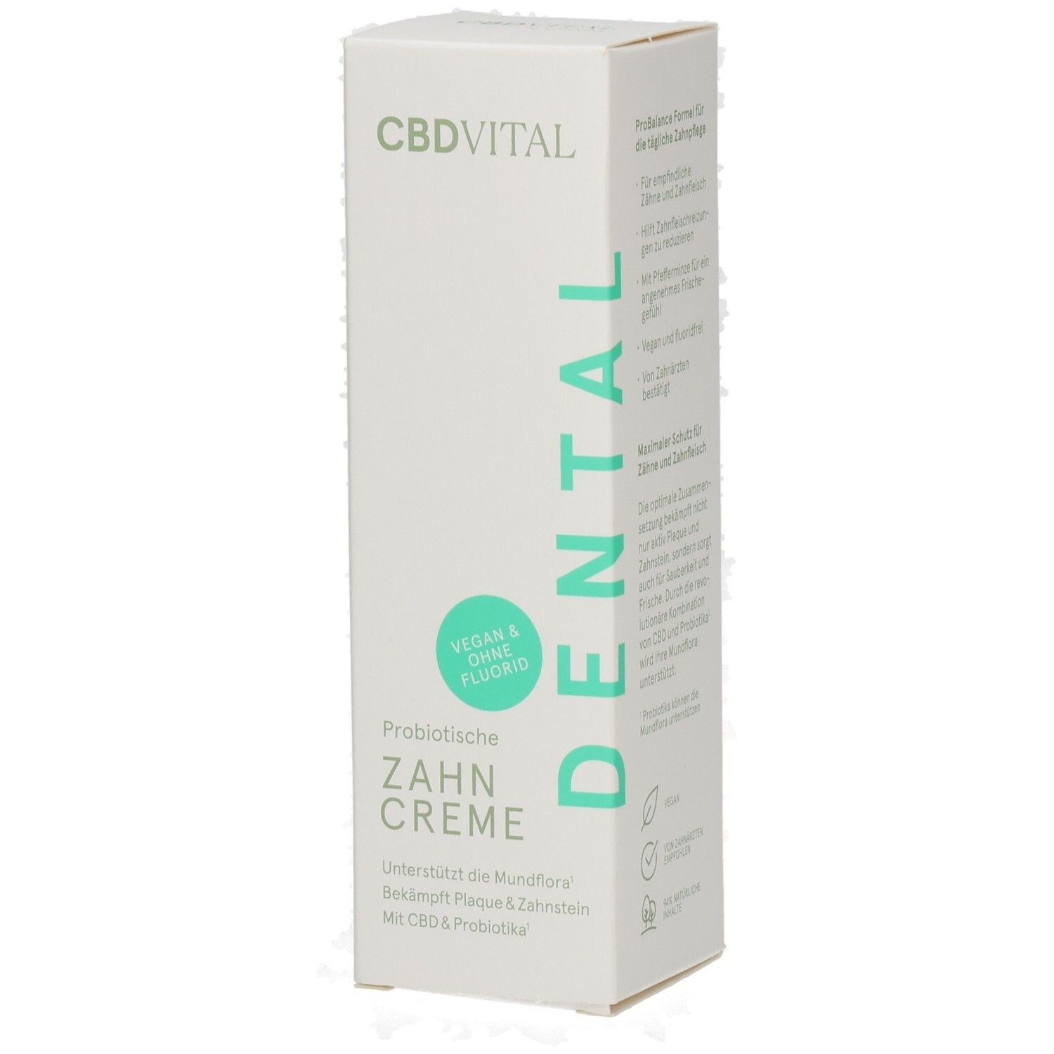 CBDVITAL Dental Zahncreme Verpackung, vegan & fluoridfrei, mit CBD & Probiotika.
