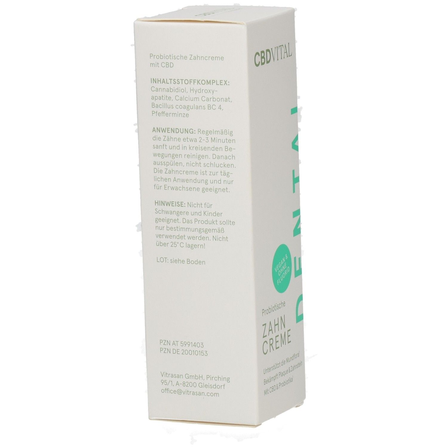 Rückseite der CBDVITAL Dental Zahncreme Verpackung mit Inhaltsstoffen und Anwendungshinweisen.