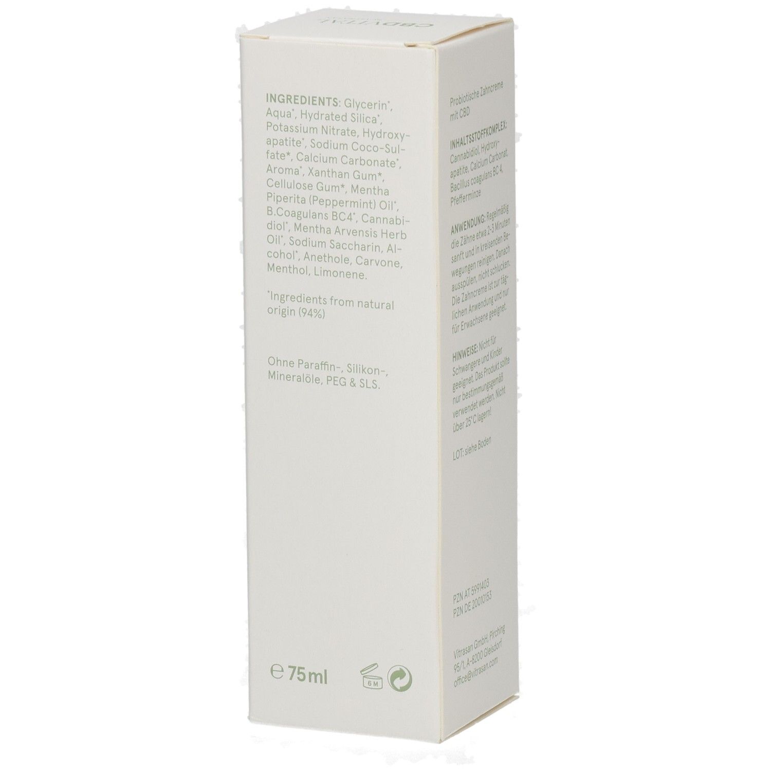 Seite der CBDVITAL Dental Zahncreme Verpackung mit detaillierter Zutatenliste und 75ml Angabe.
