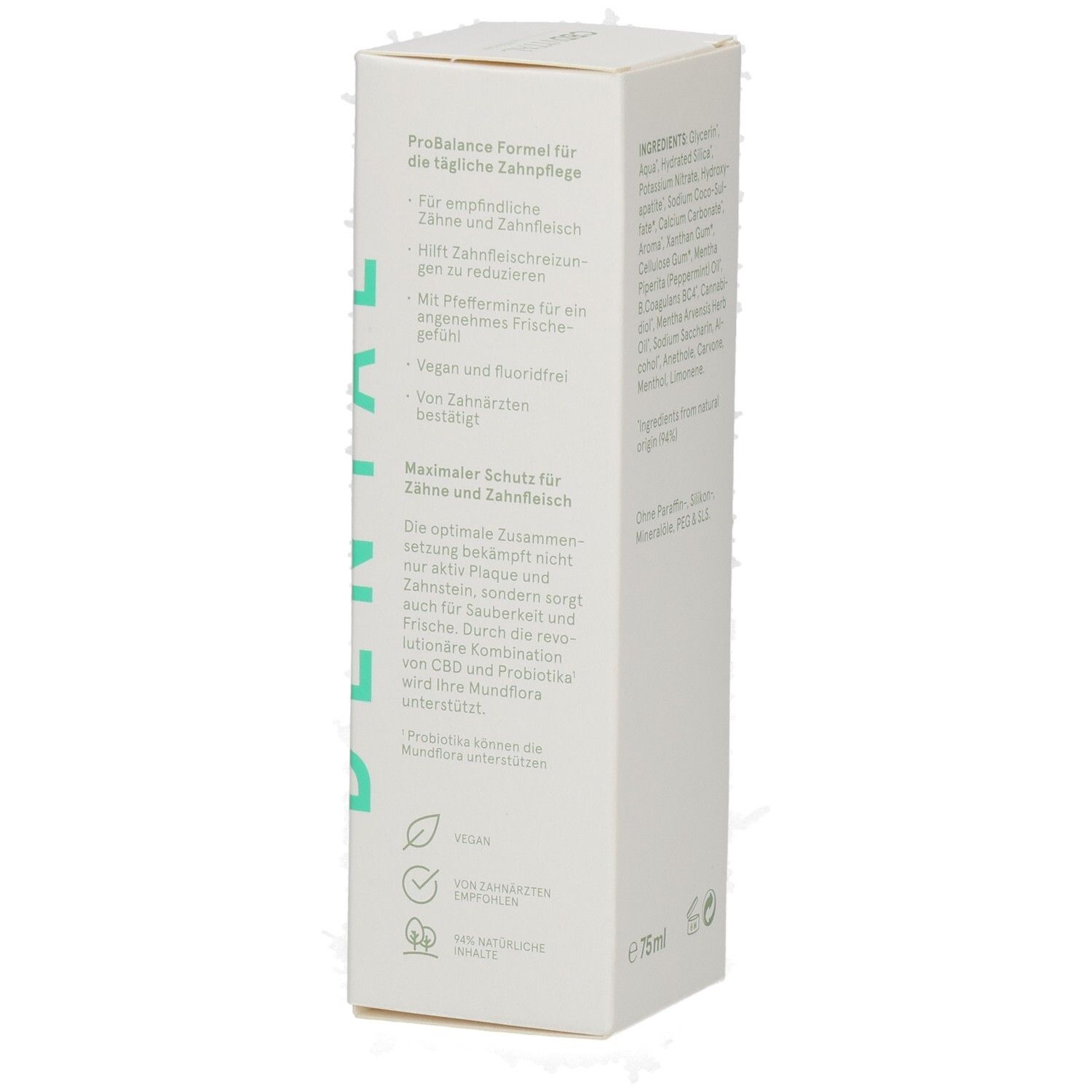 Seitenansicht der CBDVITAL Dental Zahncreme Verpackung mit Produktvorteilen und Siegeln.