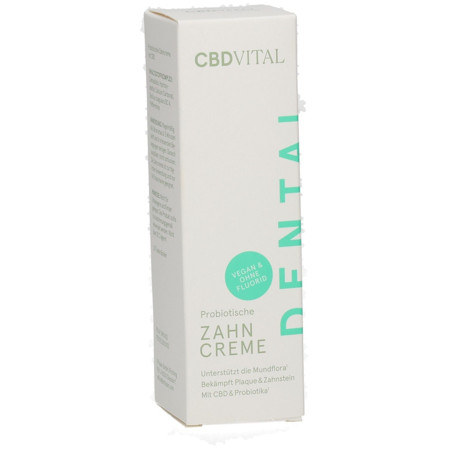 CBDVITAL Dental Zahncreme Verpackung, vegan & fluoridfrei, mit CBD & Probiotika.