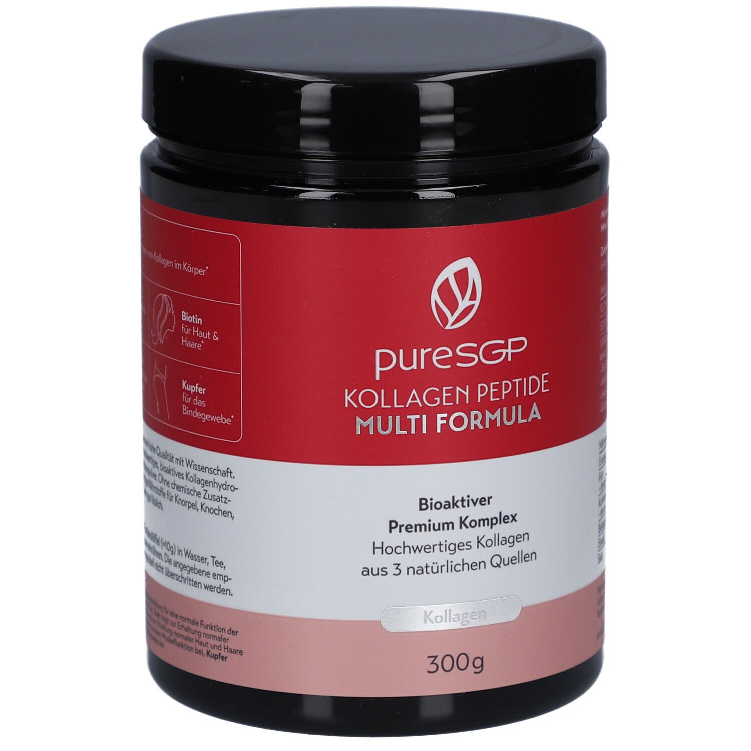 Schwarzes Gefäß mit rotem Etikett. puresGP Kollagen Peptide Multi Formula Pulver. 300g. Enthält Informationen zu Inhaltsstoffen und Nutzen.