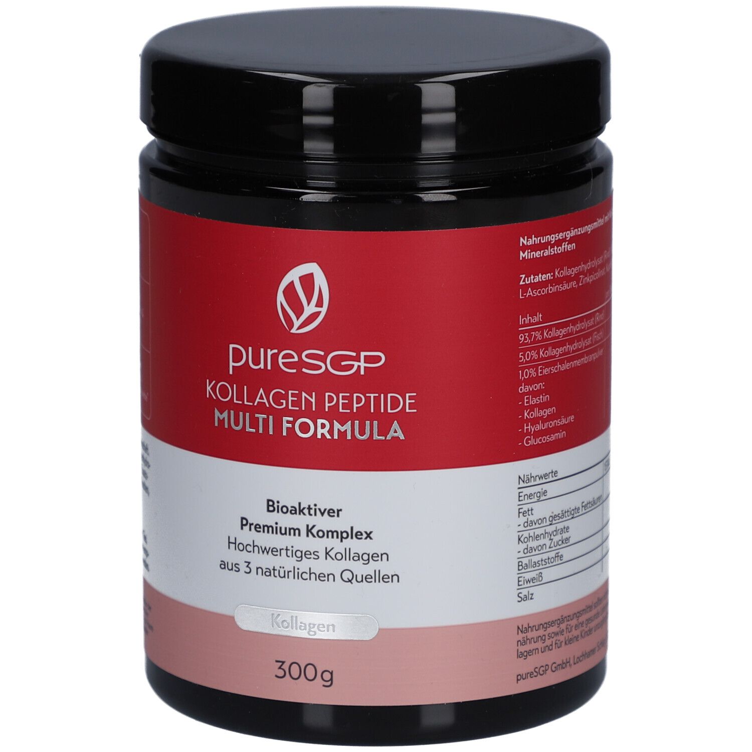 Schwarzes Gefäß mit rotem Etikett. puresGP Kollagen Peptide Multi Formula Pulver. 300g. Enthält Informationen zu Inhaltsstoffen und Nutzen.