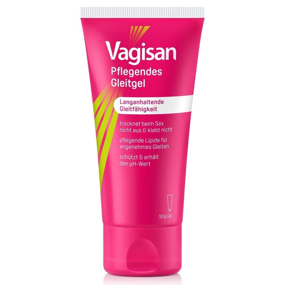 Rosa Tube. Aufschrift: Vagisan Pflegendes Gleitgel. Weißer Streifen mit Text. Gel-Tube mit weißem Deckel. 50g Gel.