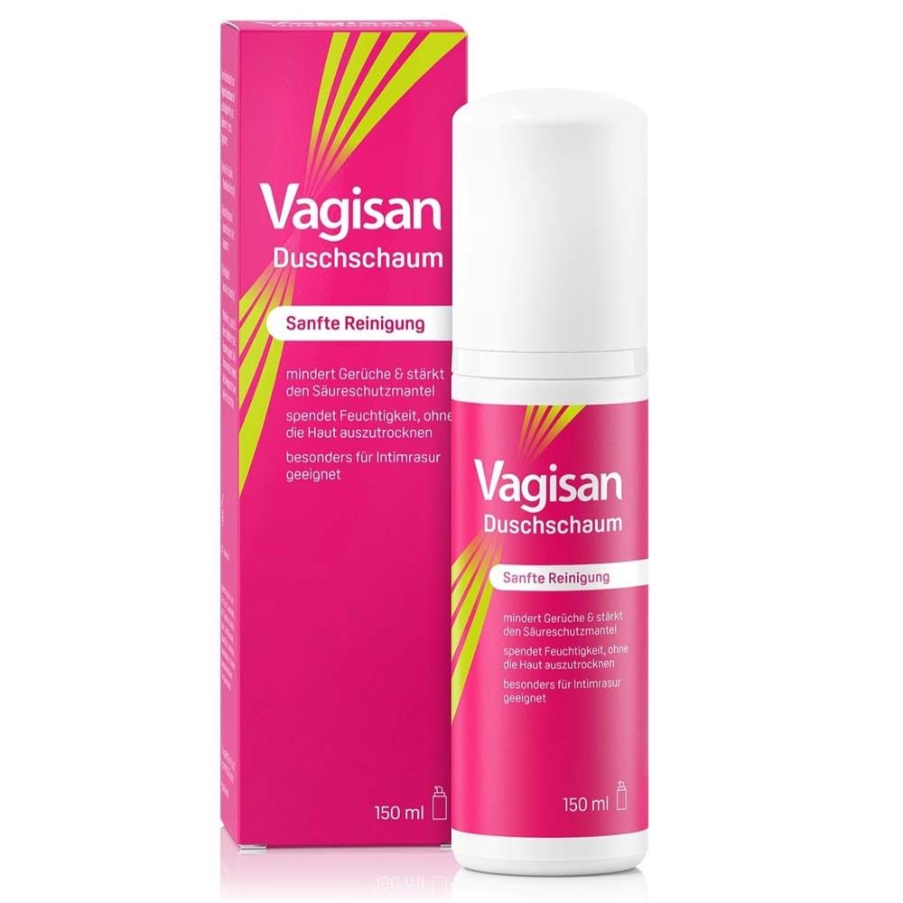 Vagisan Duschschaum. Rosa Flasche und Verpackung. Weißer Deckel. Gelbe und rote Designelemente. 150 ml.