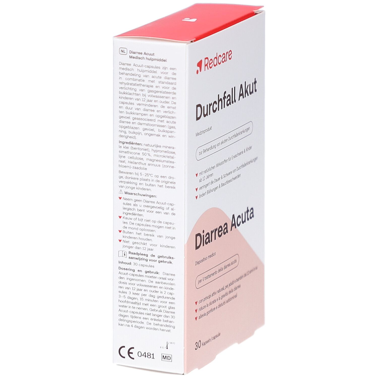 Karton mit rotem Logo "Redcare". Aufschrift "Durchfall Akut" und "Diarrhea Acuta". Text in Deutsch.