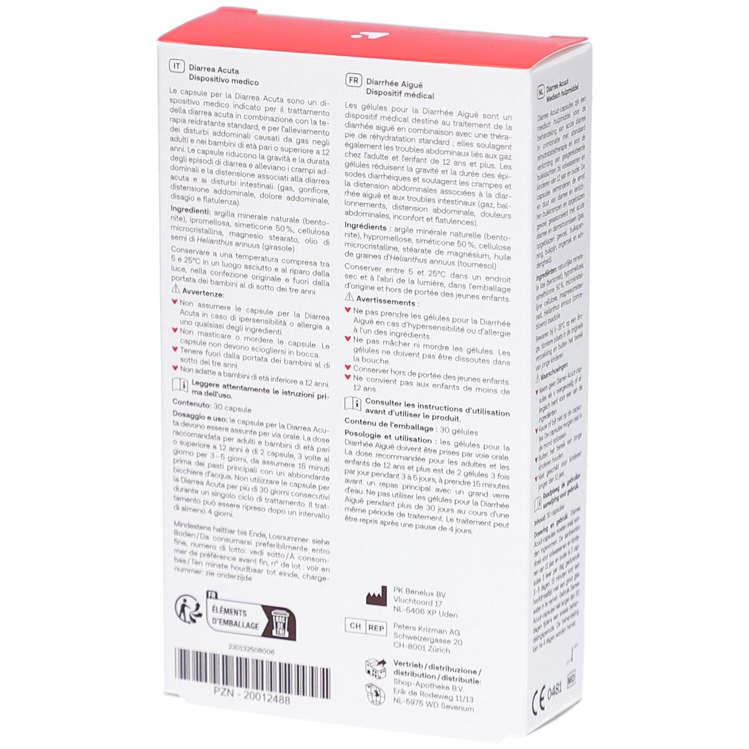 Karton mit rotem Logo "Redcare". Aufschrift "Durchfall Akut" und "Diarrhea Acuta". Text in Deutsch.